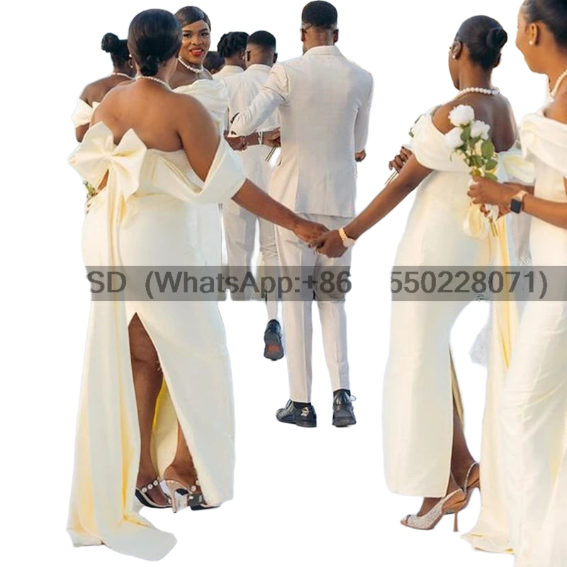 Customized Sheath Ivory Bridesmaid Dress with Bow Off Shoulder Evening Prom Formal Party Birthday vestido boda invitada mujer