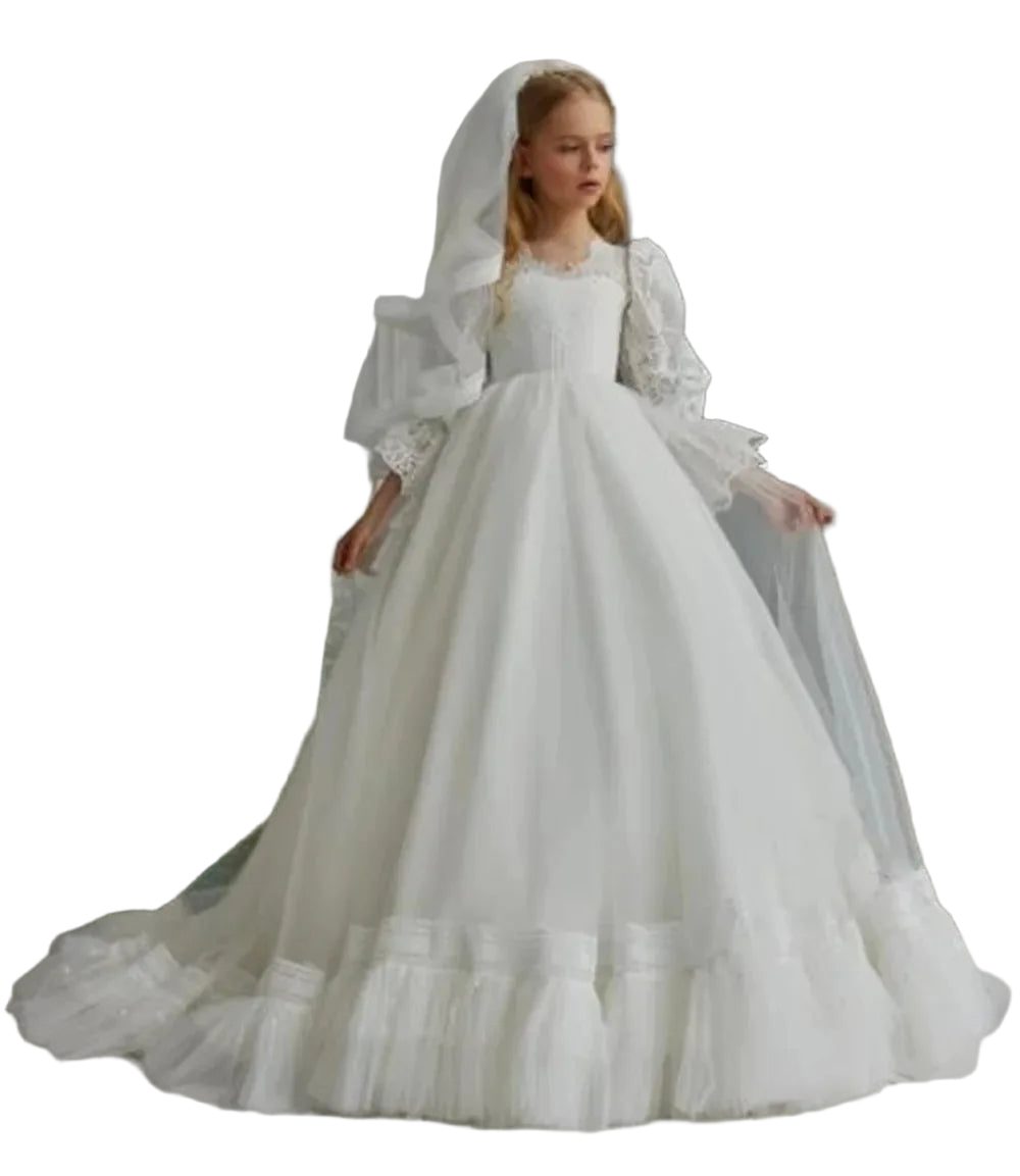 Elegant Tiered Flower Girl Dresses For Wedding Short Sleeves Tulle Glitter Sequined Appliques First Communion Ball Prom Gowns