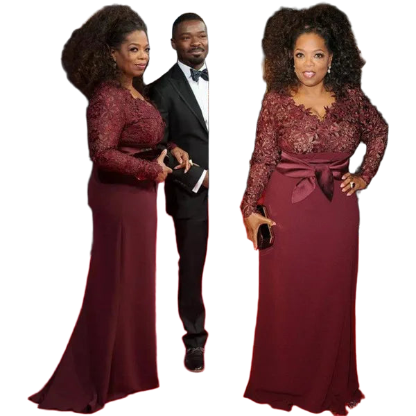 Plus Size Mother Of The Bride Dresses Burgundy Lace Long Sleeves V Neck Red Carpet Evening Wedding Party Prom Gown Madrinha
