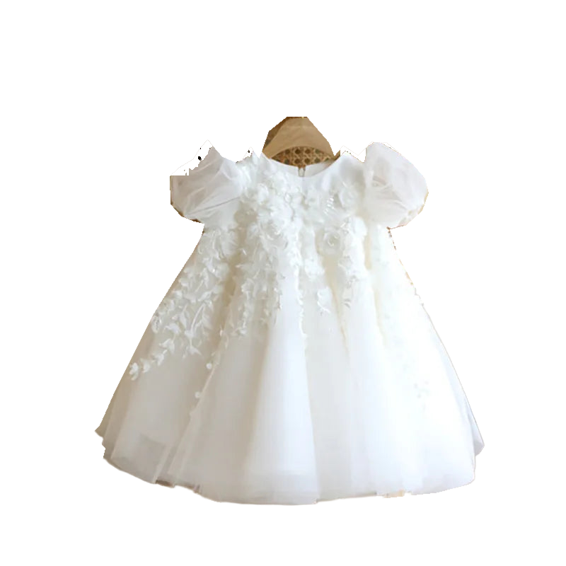 White Tulle Flower Girl Dresses For Wedding Applique Puffy With Bow Cute Kids Baby Pageant Birthday Party Dress Ball Gowns