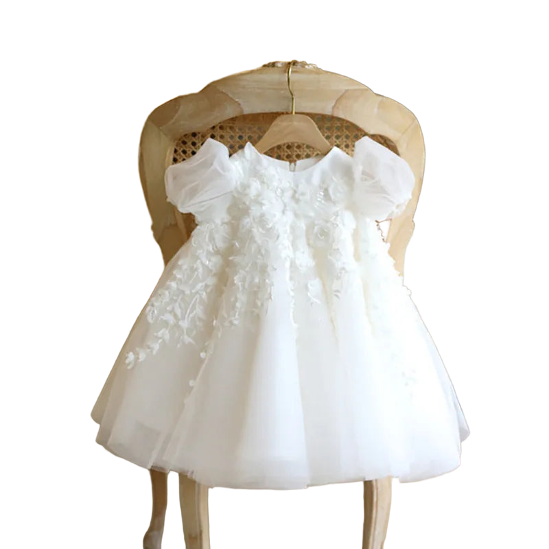 White Tulle Flower Girl Dresses For Wedding Applique Puffy With Bow Cute Kids Baby Pageant Birthday Party Dress Ball Gowns