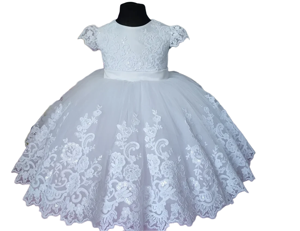 Baptize One Year Old Flower Girl Dress Lace Appqulies For Wedding Tulle Skirt White Ball Gown Sleeveless Communion Clothes