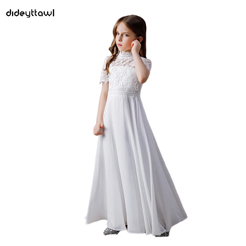 Dideyttawl Customized White High Neck Chiffon First Communion Dresses Lace Junior Bridesmaid Gown Concert Birthday Party