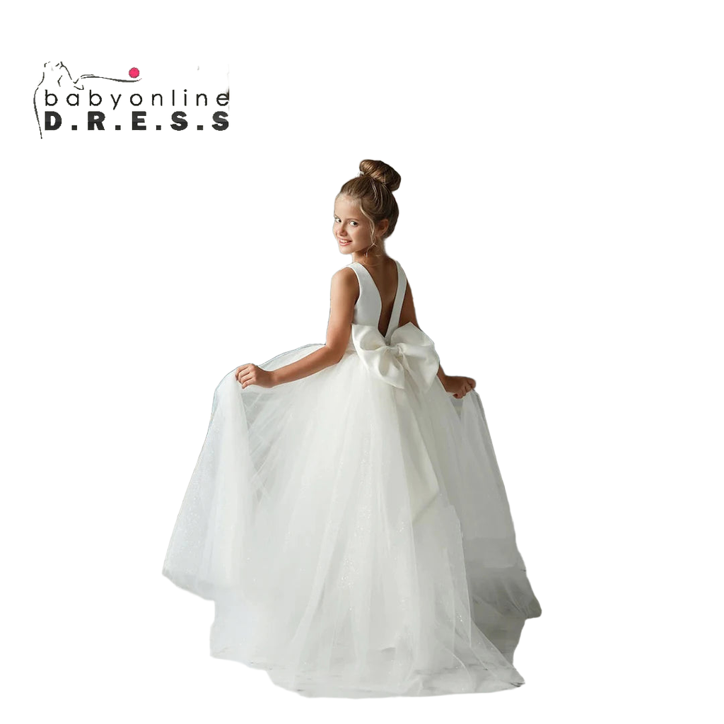 White Flower Girl Dress Princess Flower Girl Dresses White Communion Kid Satin Corest  Toddler Tiered Train Ball Gown