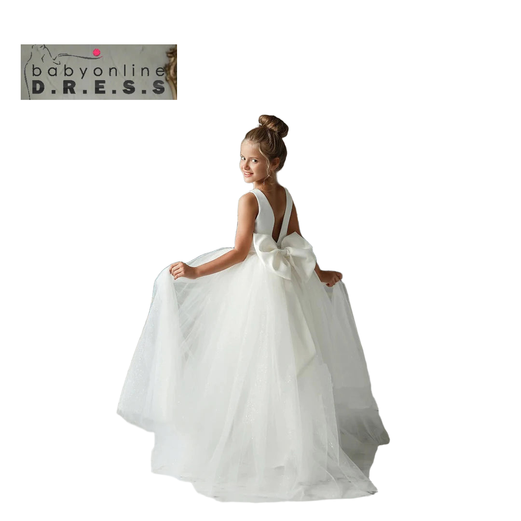 White Flower Girl Dress Princess Flower Girl Dresses White Communion Kid Satin Corest  Toddler Tiered Train Ball Gown