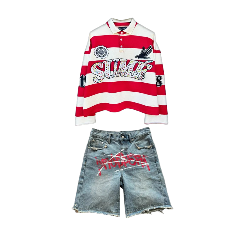 2 Pcs Shirts Co-ords Sume Rugby Diamond Embroidery Stripe Polo Shirt Y2K Retro Classic Unisex Oversized Long Sleeved Shirts Sets