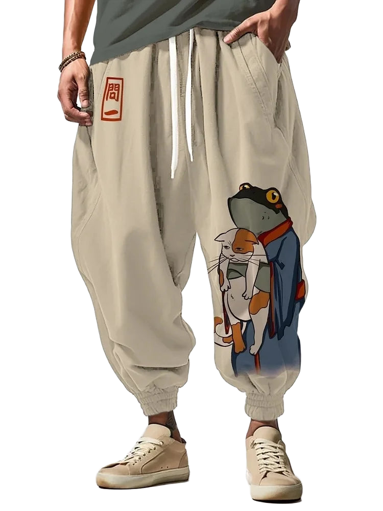 Men's Clothing Japanese Long Pants Vintage Frog In Kimono And Unhappy Cat Art Print Trousers Loose Drawstring Waist Sweatpants