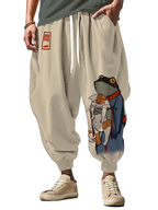 Men's Clothing Japanese Long Pants Vintage Frog In Kimono And Unhappy Cat Art Print Trousers Loose Drawstring Waist Sweatpants