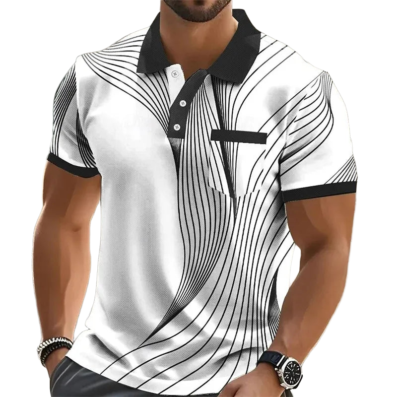 Fashionable summer short-sleeved men's polo shirt with 3d printed stripes, men's lapel, high-quality men's shirt, casual wear