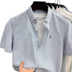 High End Brand Embroidered Striped Shirt Men's Short Sleeved Lapel Business Breathable Shirt Summer New Pure Cotton Jacket