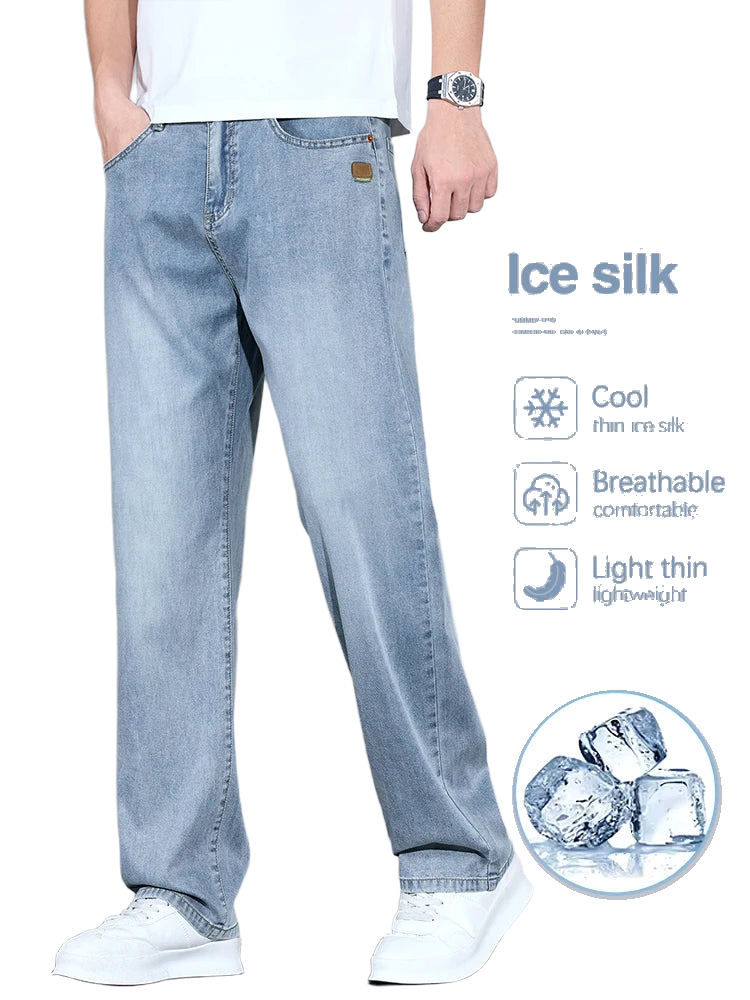 Lyocell Ice Silk Jeans Men's Fashion Korean Ultra-Thin Denim Pants Soft Drape Comfortable Business Straight Casual Trousers