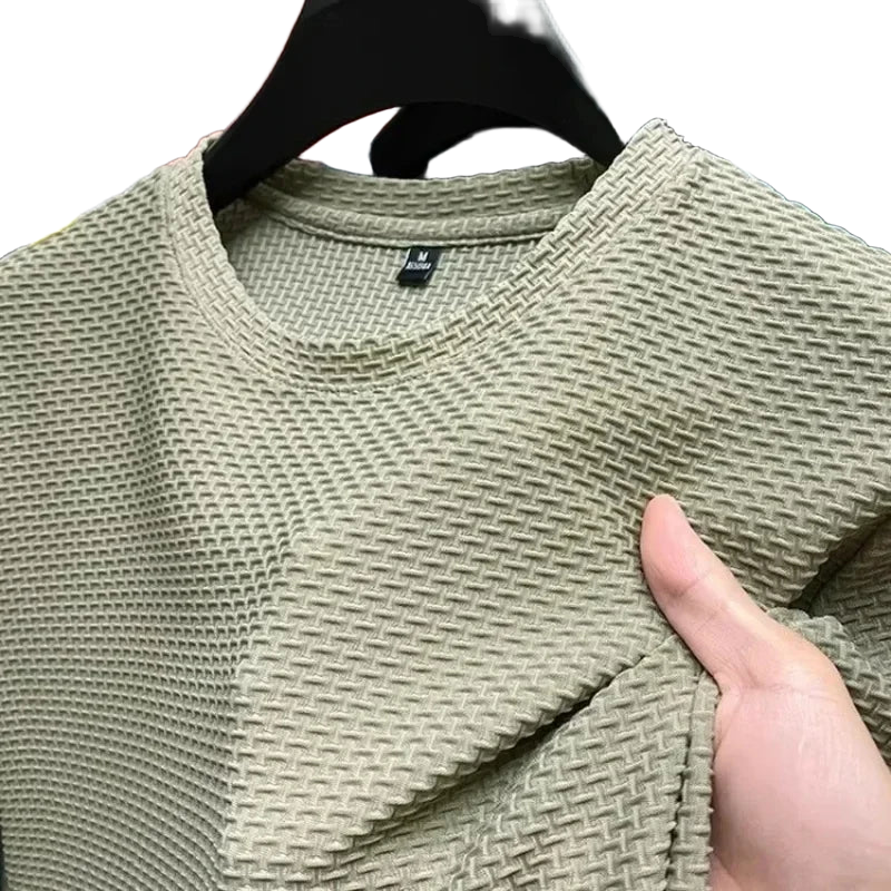 Men's Short Sleeve Mesh Bamboo Ice Silk T-shirt Casual Versatile Summer Elastic Slimming Top for Men