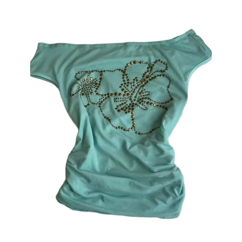 Y2k Clothes T Shirt Women Green Beading Flowers Vintage Sexy Cropped Tops Street Fashion tees Skew Collar Slim Fit Ropa De Mujer