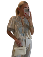 Floral Stamp Lace Patchwork Blouse Ruffle Neck Tie Front Puff Short Sleeve Loose Boho Shirt Women's Casual Vacation Top 2026 New