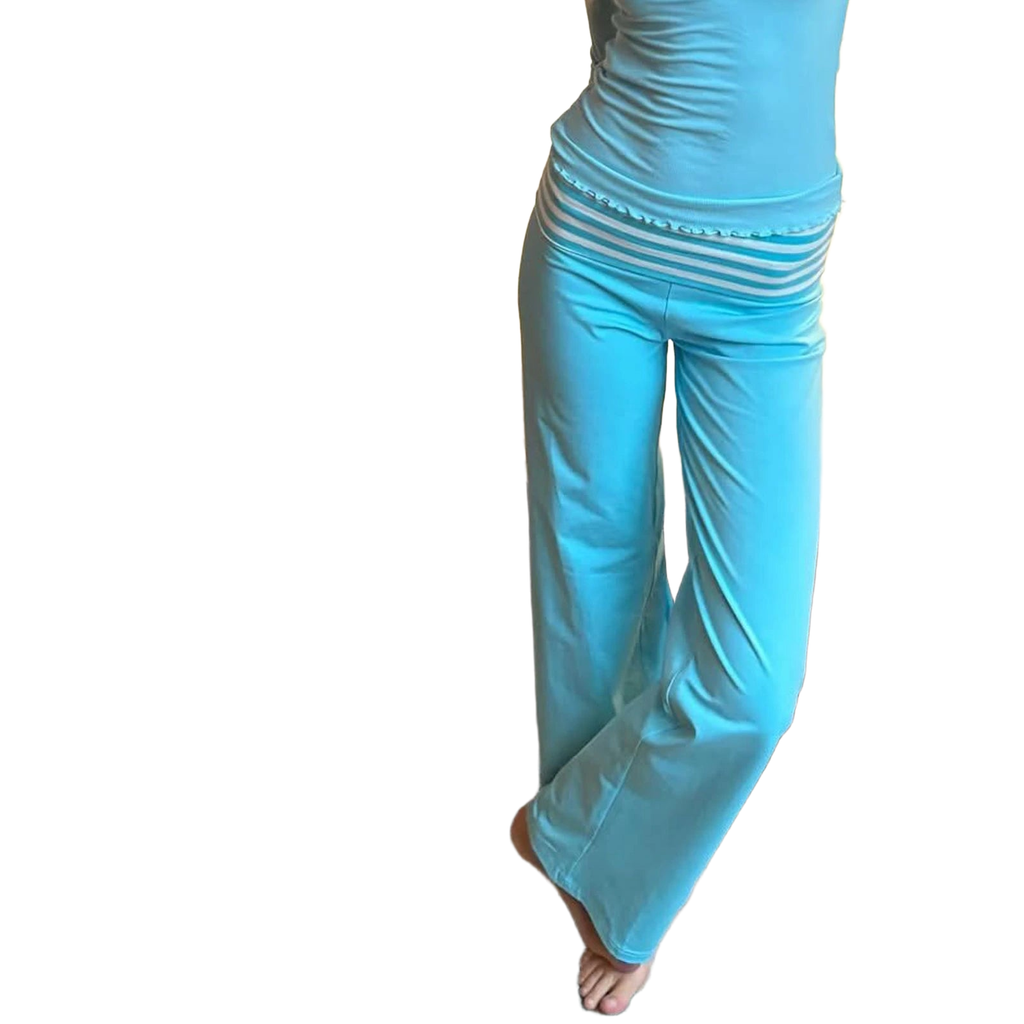 Women Summer y2k Vintage Striped Print Wide Leg Yoga Pants Fold Over Low Waist Casual Slim Loungewear Pants Trousers Streetwear