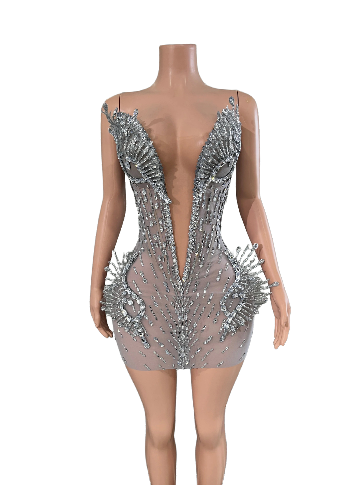 Luxury Deep V Neck and Sculptural Rhinestone Silver Crystal Mesh Mini Dress  Accents for Photoshoots and Red Carpet