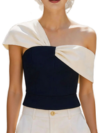 Chic One Shoulder Twisted Color Block Navy White Slim Fit Crop Blouse, Tube Top For Party & Daily Women