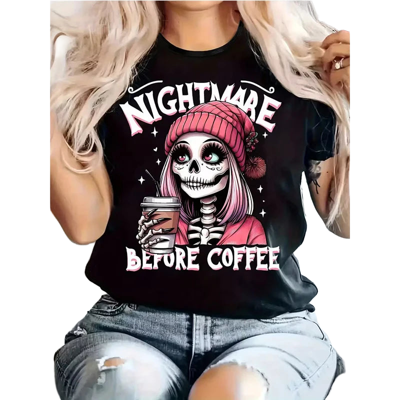 Women's Skeleton Halloween T-Shirt Slogan Nightmare Before Coffe Graphic Tees Tops All Seasons Short Sleeve T Shirt Y2k Clothing