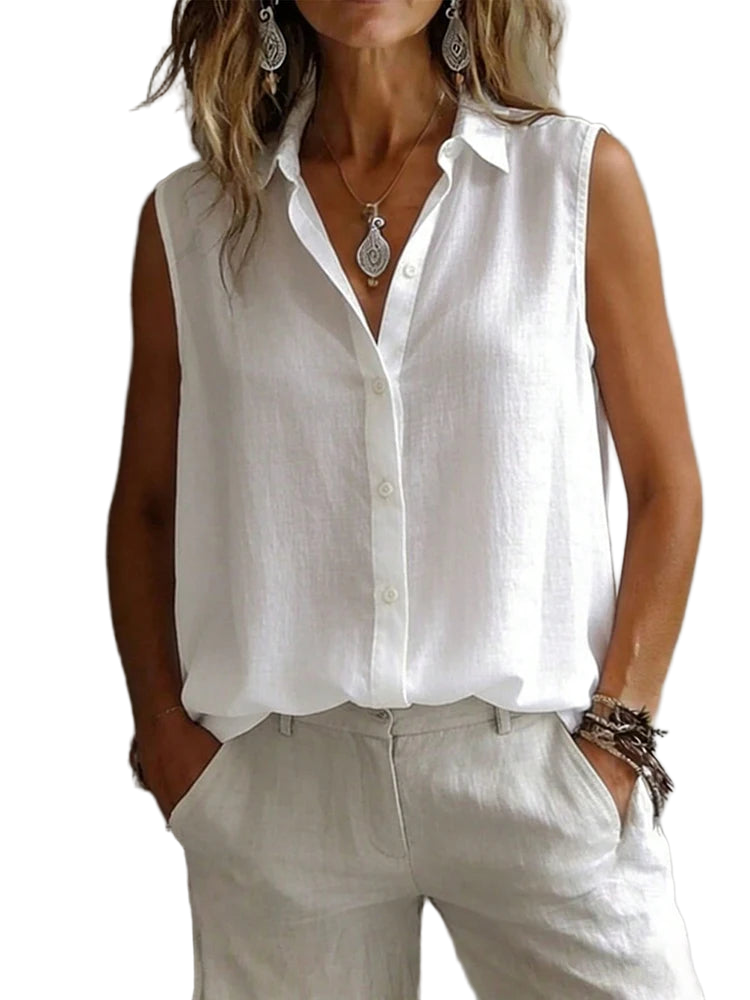 Fashionable and Elegant Sleeveless Collared Shirt for Women, Versatile Loose Casual Commuter Tank Top, Solid Color Button-Front Daily Wear