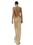 Nibber Sleeveless Halter Satin Dress Women Metal Buckle Elegant Patchwork Fashion Classic Evening Party Backless Long Bodycon