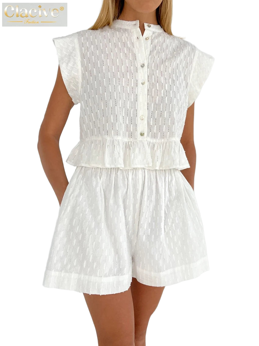 Clacive Casual Sleeveless Tank Top Set Woman 2 Pieces Summer White High Waist Hot Shorts Set Elegant Vacation Suits With Shorts