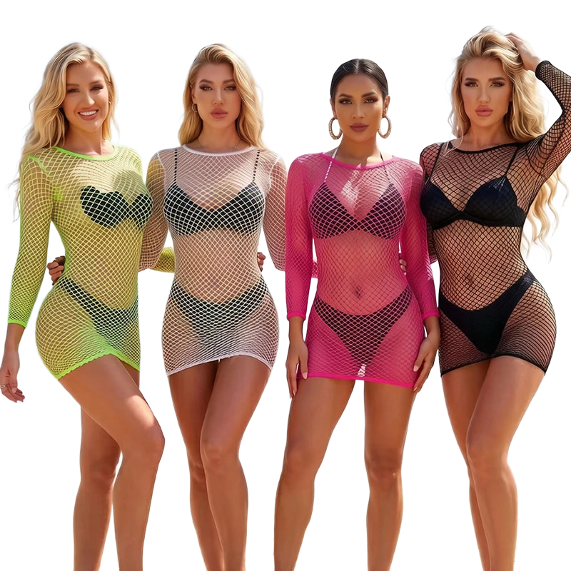 1PC Women Sexy Fishnet Beach Cover Up Long Sleeves Hollow Out Bodycon Dress See Through Summer Swimwear