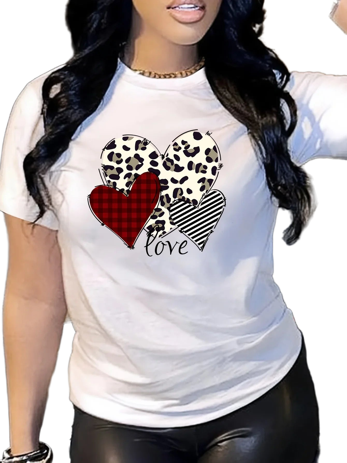 Summer heart-shaped love pattern T-shirt versatile short-sleeved round neck top women's aesthetic clothing