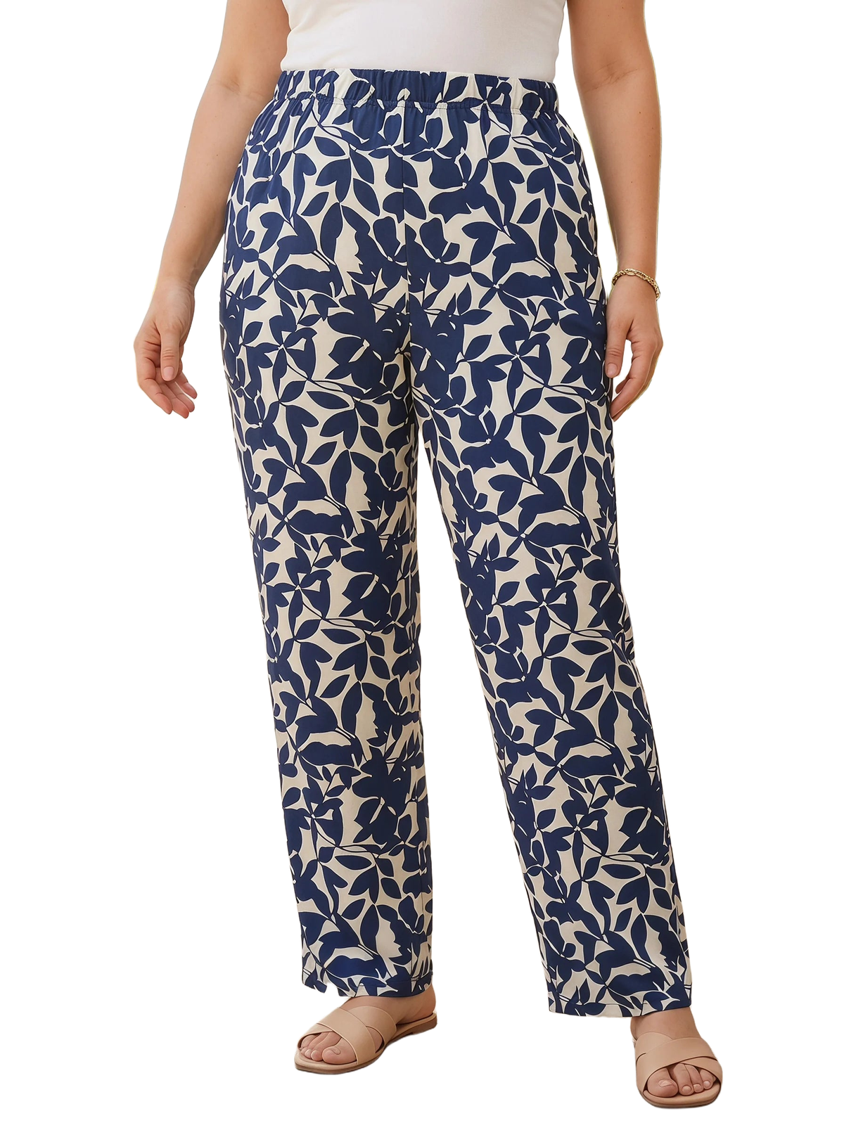 Gadinus Plus Size Women Leaf Print Straight Leg Pants Elastic Waist Loose Fit Full Length Casual Trousers