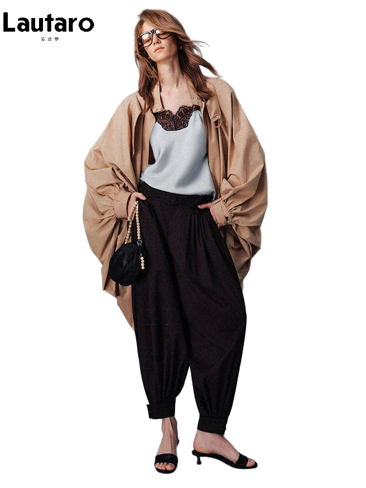 Lautaro Spring Autumn Oversized Long Bat Sleeved Cape-style Trench Coat for Women Loose Casual Chic Korean Fashion Overcoat 2025