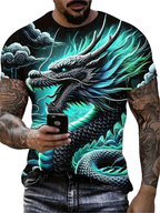 2025 New Men's 3D Dragon Print T-shirt Casual Short-sleeved Pullover Polyester Round-neck Summer Outdoor Clothing Adult Size