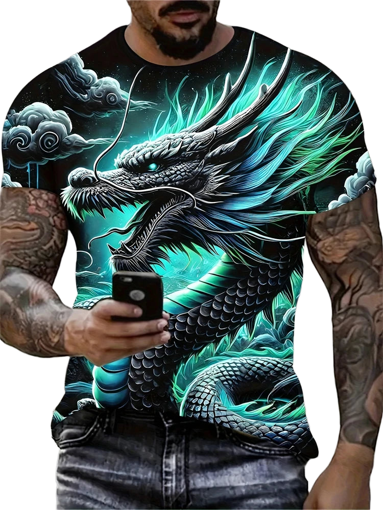 2025 New Men's 3D Dragon Print T-shirt Casual Short-sleeved Pullover Polyester Round-neck Summer Outdoor Clothing Adult Size