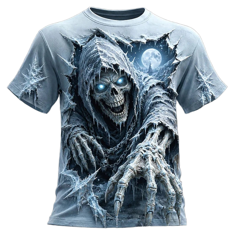 Men's Summer Skull-Printed Horror-Themed Crew-Neck T-Shirt Fashionable Trendy Street-Style Short-Sleeve Top for Halloween