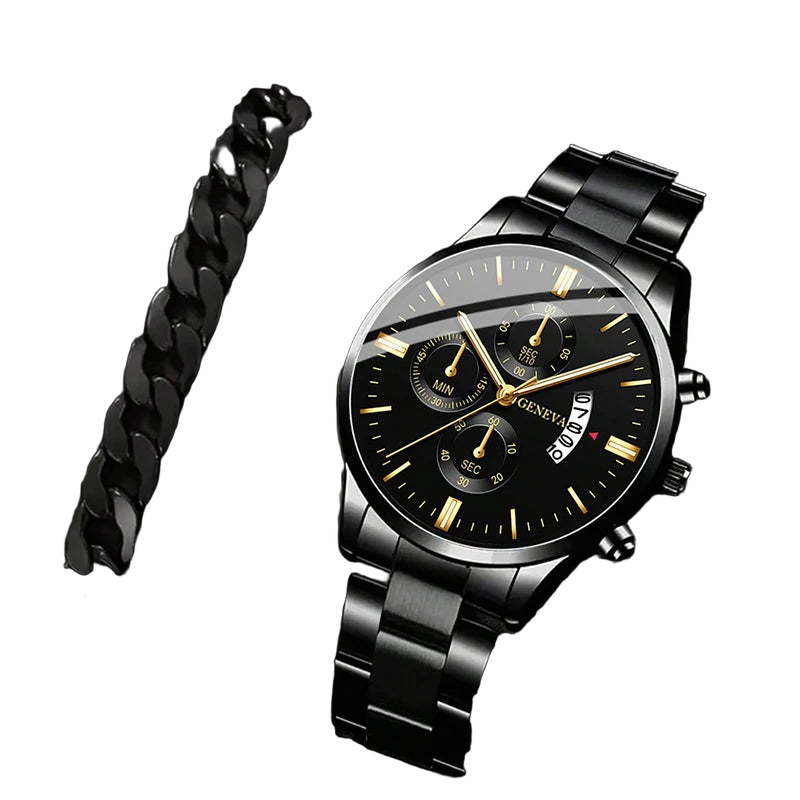 2pcs Fashion Men's Casual Business Sports Stainless Steel Quartz Wristwatch Calendar Male Classic Bracelet Set Luminous Clock