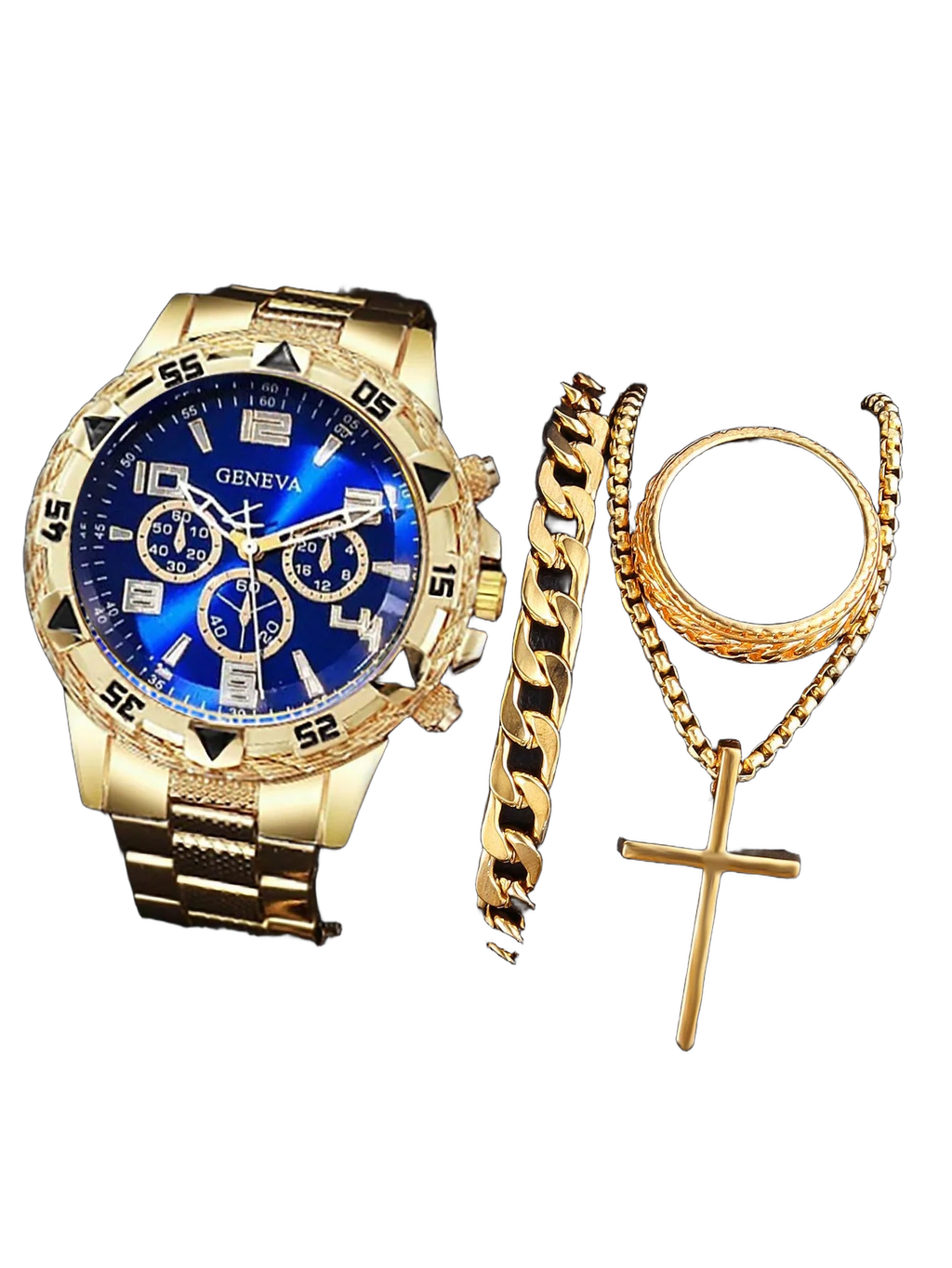 Gold alloy men's business steel bracelet quartz watch and chain bracelet necklace ring set - a birthday gift for him