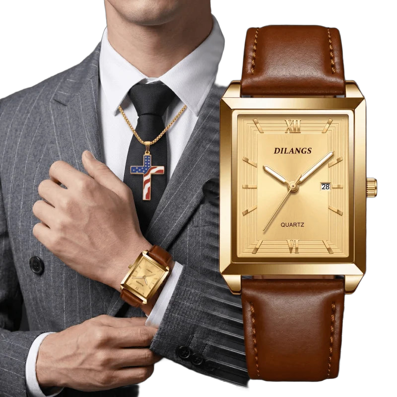 2pcs/set Mens Watches + Necklace Fashion Brand Square Quartz Watch for Man Business Casual Leather Belt Clock Men Gift Relogios