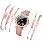 6PCS/Set Fashion Heart Dial Women's Watch Casual Leather Band Analog Quartz Watch Leaf Bracelets Set（Without Box）