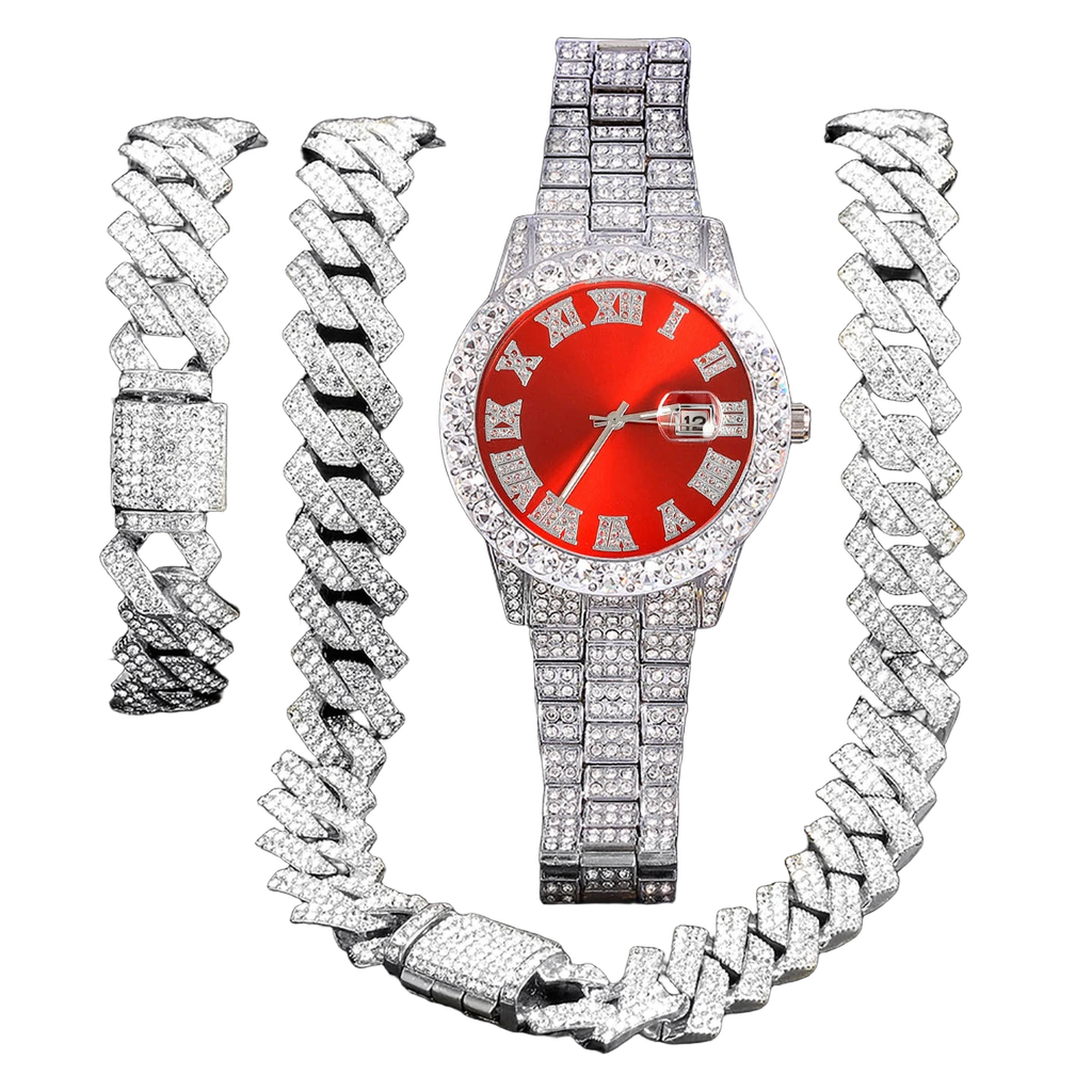 3pcs Men's Silver Watch Set Hip-hop Punk Inlay Diamond Watch+Cuban Chain+Bracelet Comes With Strap Adjuster Stylish Jewelry Gift