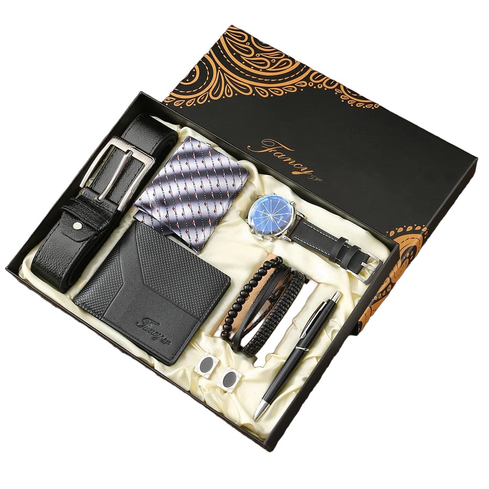 New Men Gift Set with Box Watch Bracelet Tie Cufflinks Ballpoint Pen Belt and Wallet Set for Men Boyfriend Son Dad Husband Gifts