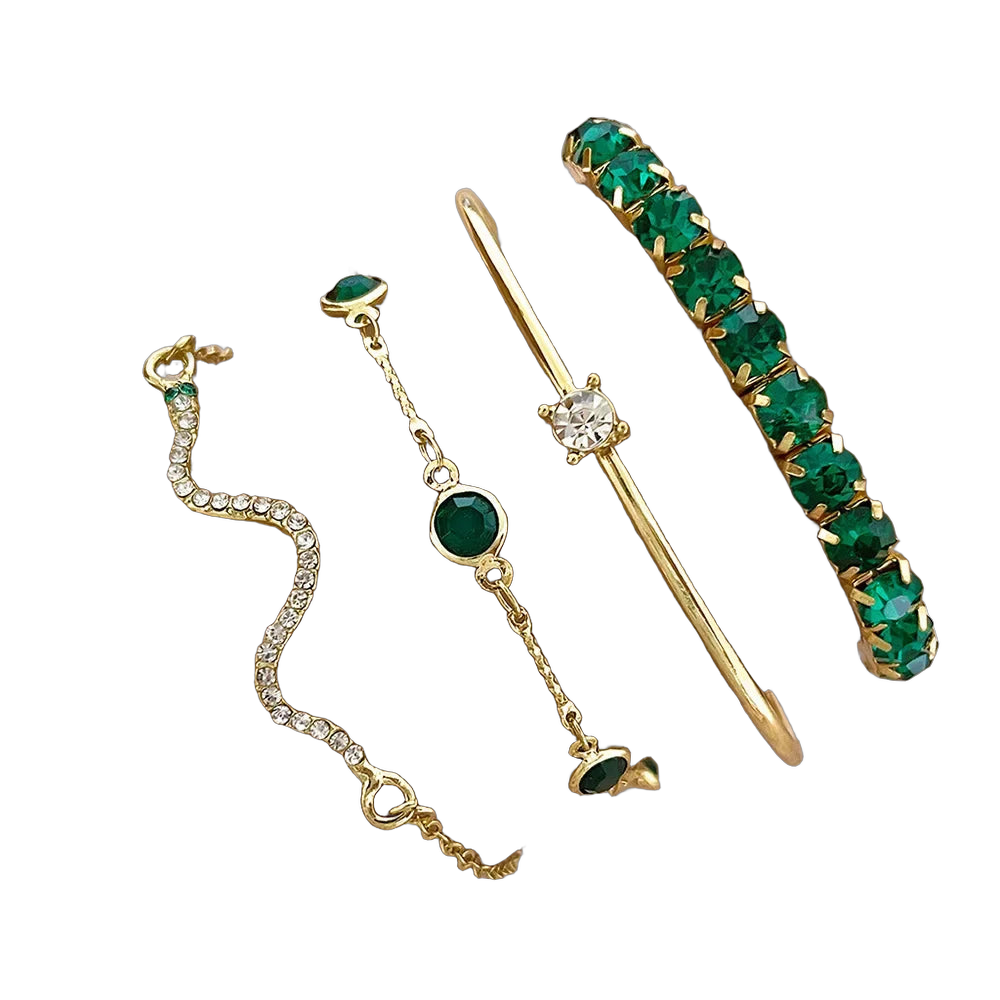 4Pcs/Set Fashion Snake Green Gemstone Bangle Rhinestone Full Metal Bracelet For Women Birthday Party Christmas Gift Jewerly