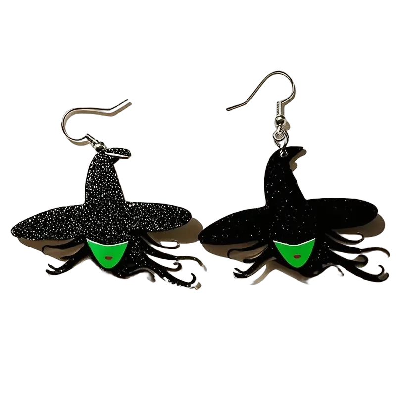 1 Pair of Witch Hat Earrings - Black with Sparkling Stars & Green Accents, Perfect for Halloween & Daily Wear
