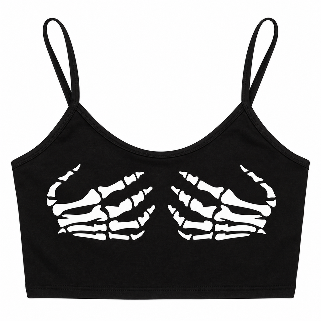Gothic Skeleton Skeleton Print Crop Top Summer Women's Sexy Elastic Camis Female Strap Top Backless Vest Halloween Black Top — white background