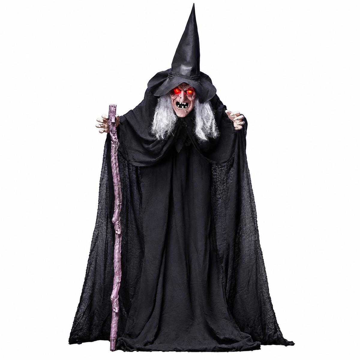 72" Animatronics Witch Outdoor Halloween Decorations with Cane Life Size Animated Ghost Haunted House Prop Décor with Creepy Sound and Light-up Eyes, Party Supplies — white background