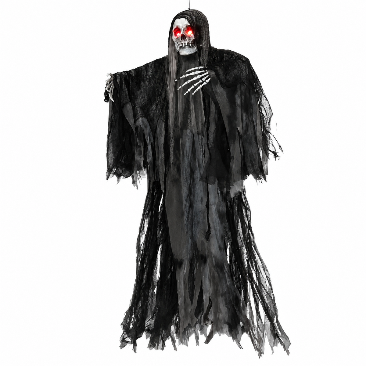 59” Animated Hanging Grim Reaper Halloween Outdoor Decorations with Voice Control Glowing Eyes and Creepy Sound Halloween Decoration for Haunted House Prop Graveyard Lawn Indoor Party Supplies — white background