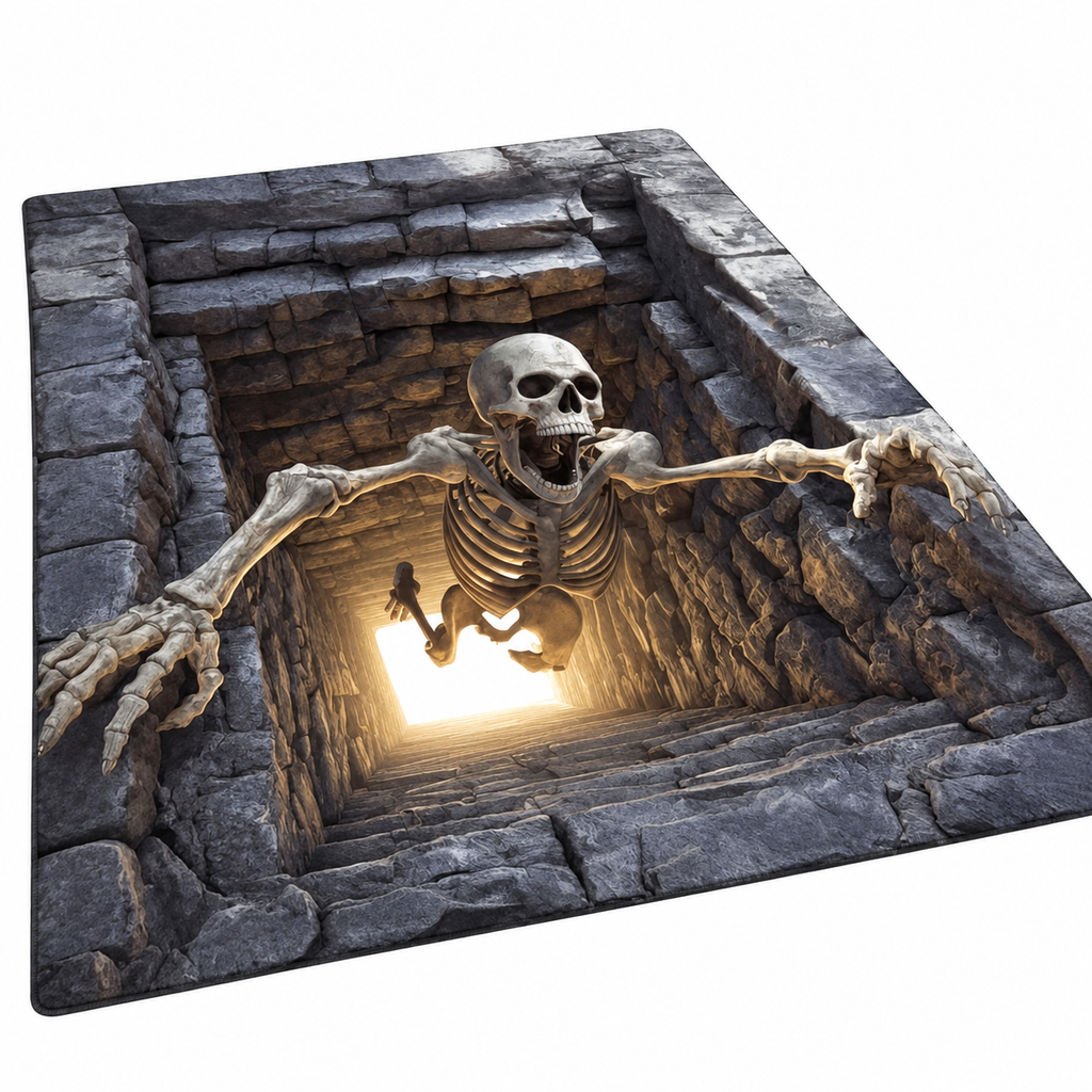 Skeleton Trap Rug, Halloween Floor Mat, Spooky 3D Hole Carpet, Gothic Home Decor — white background