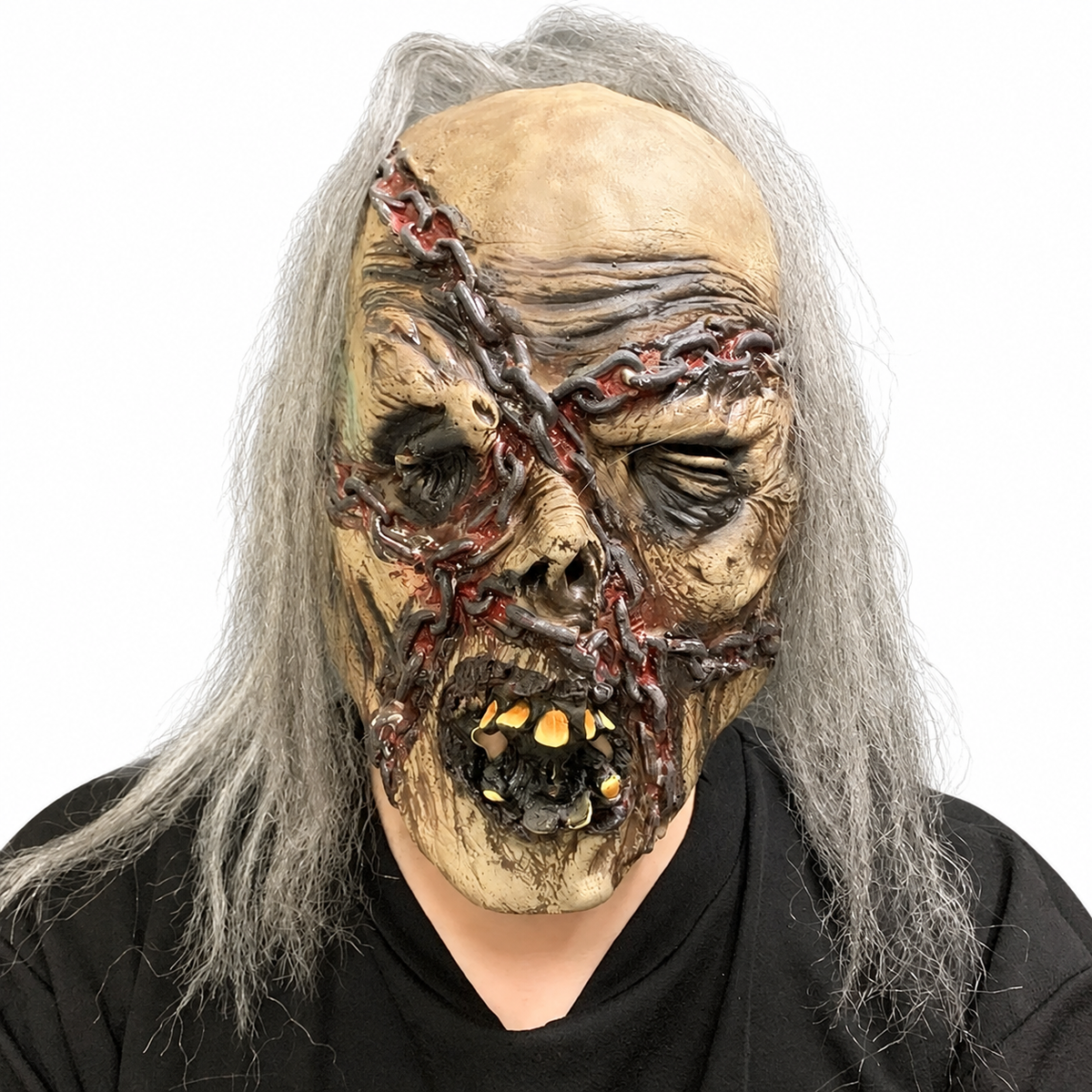 Scary Zombie Latex Mask with Chains & Hair Realistic Horror Corpse Mask Adult Unisex Halloween Cosplay Costume Props for Masquer — white background