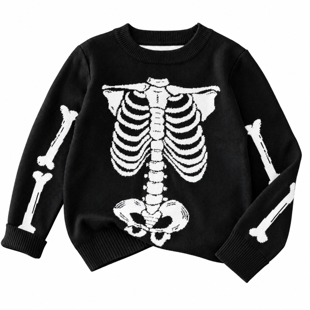 Boys and Boys Street Style Halloween Skeleton Pattern Sweater Knitted Pullover Suitable for Ha — white background