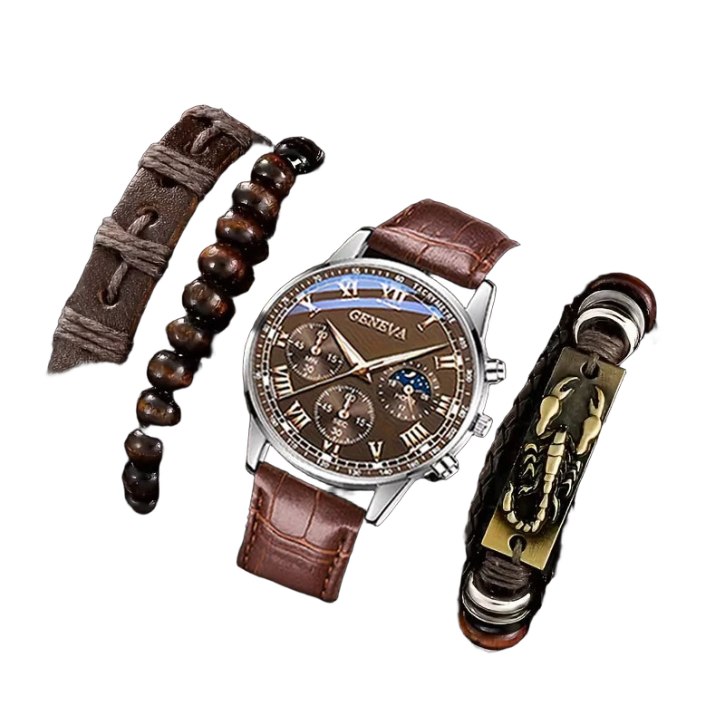 New Men Watch Luxury Bracelet Set Fashion Business Brown Leather Quartz Wrist Watches for Men Gift Set Relogio Masculino